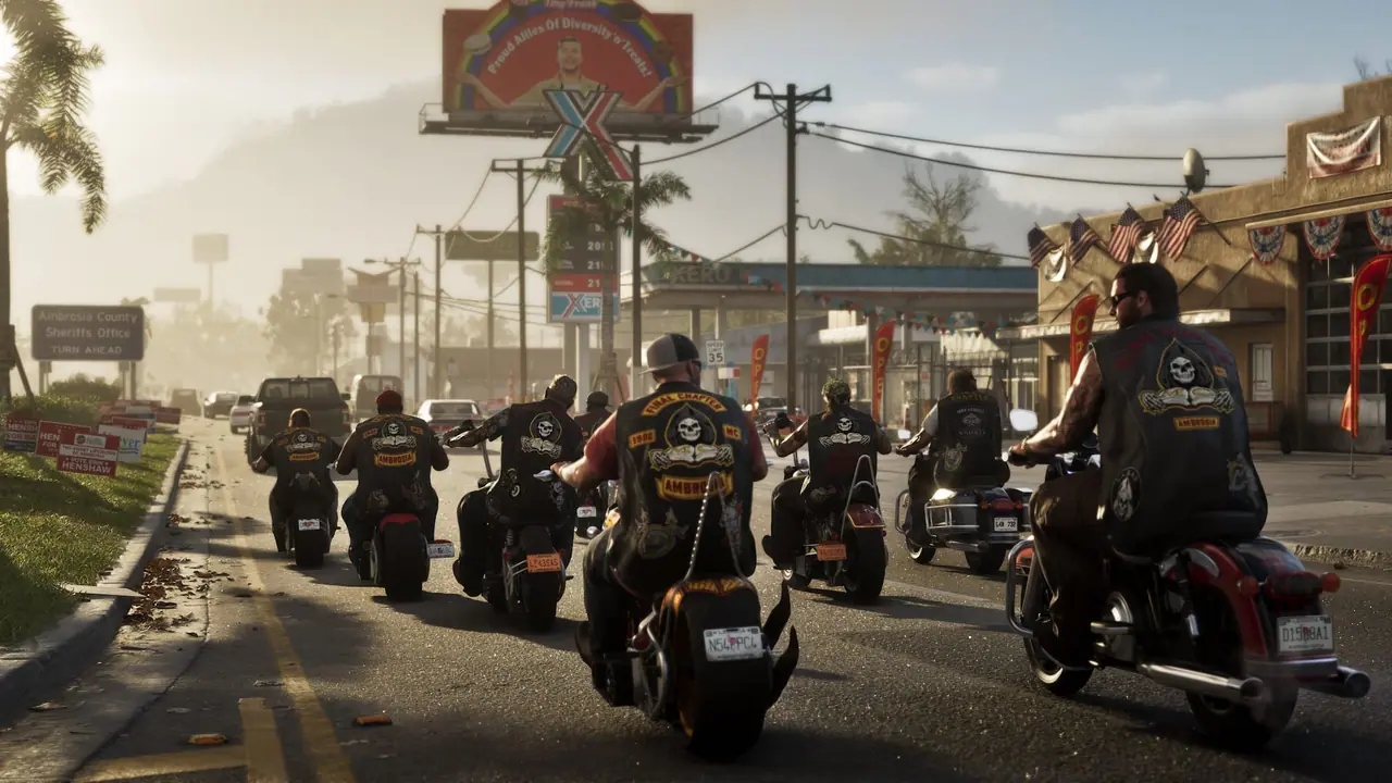 A motorcycle club riding down a sunny main street in Ambrosia hung with flags
