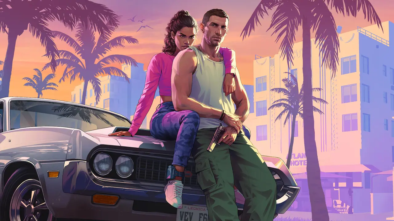 Illustrated artwork: Jason and Lucia on the hood of a muscle car on a Vice City street