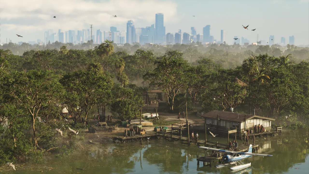 The Grassrivers wetlands with a stilt house and a seaplane dock, the Vice City skyline on the horizon
