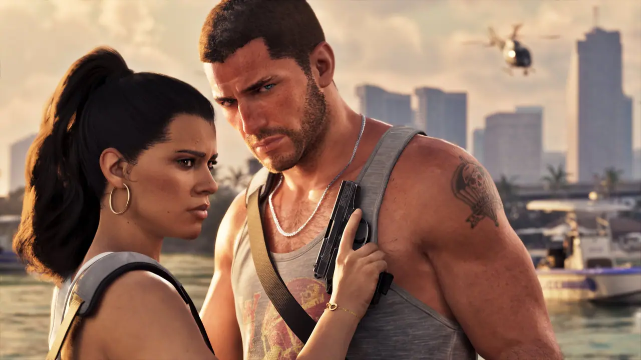 Jason and Lucia on the Vice City waterfront, Lucia leaning on Jason's shoulder, a boat and a helicopter behind them