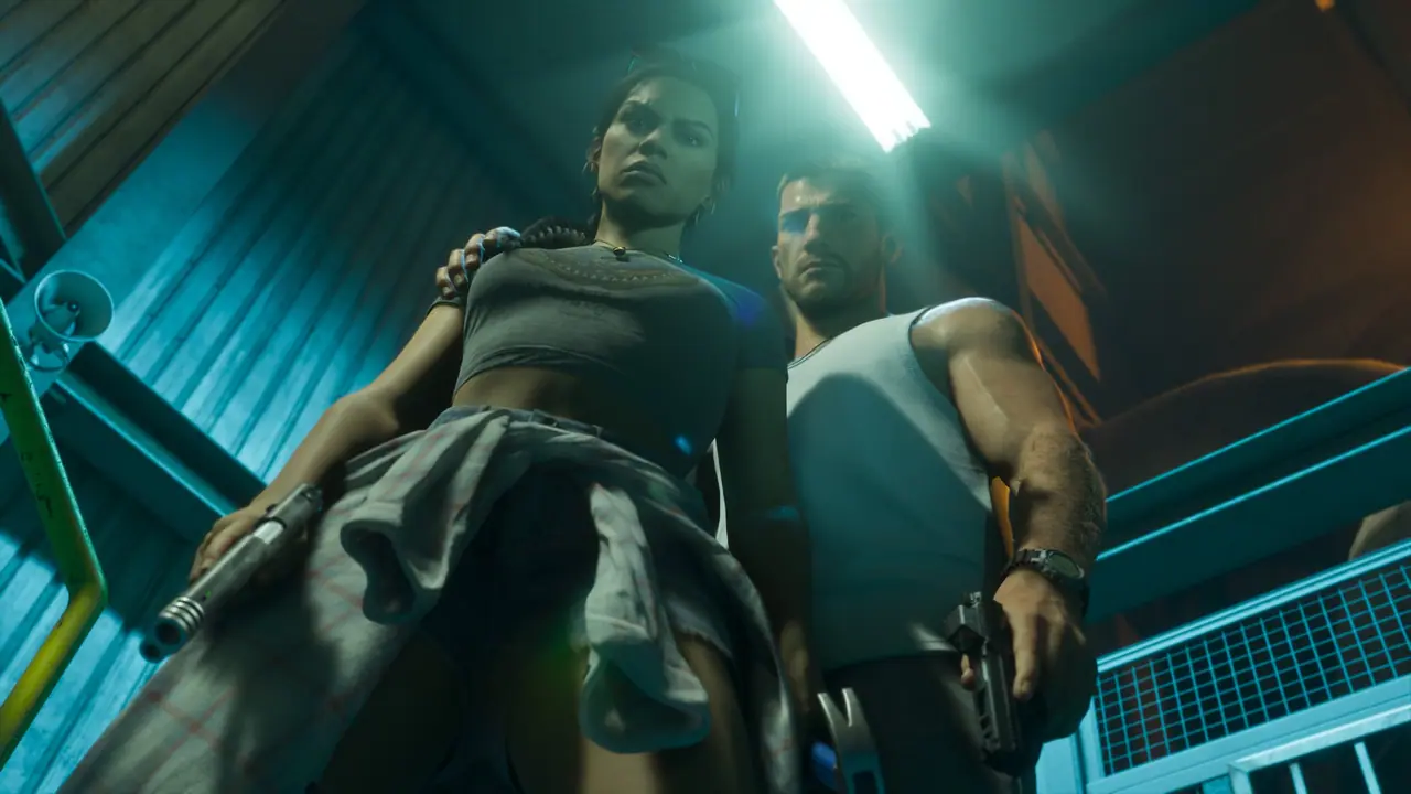 Low-angle shot of Lucia and Jason in a teal-lit stairwell, each holding a pistol