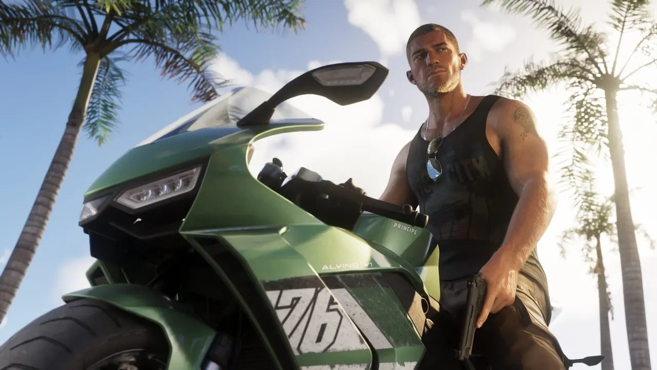 Jason Duval leaning on a green sport bike under palm trees, a pistol in his hand