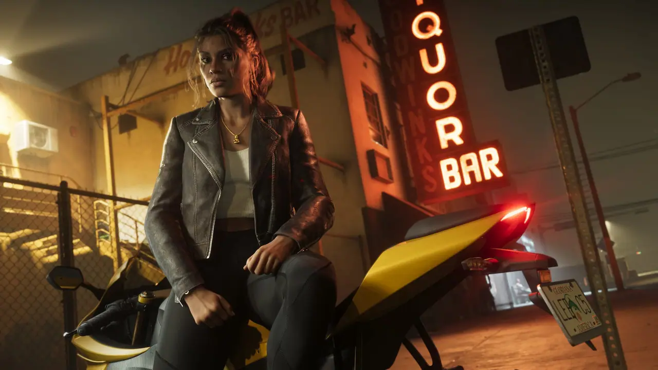 Lucia Caminos in a leather jacket sitting on a motorcycle under a neon Liquor Bar sign