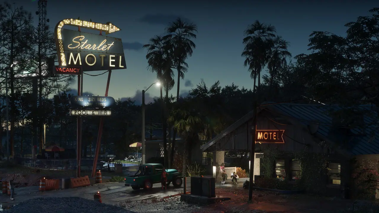 The neon sign of the Starlet Motel at dusk in Port Gellhorn