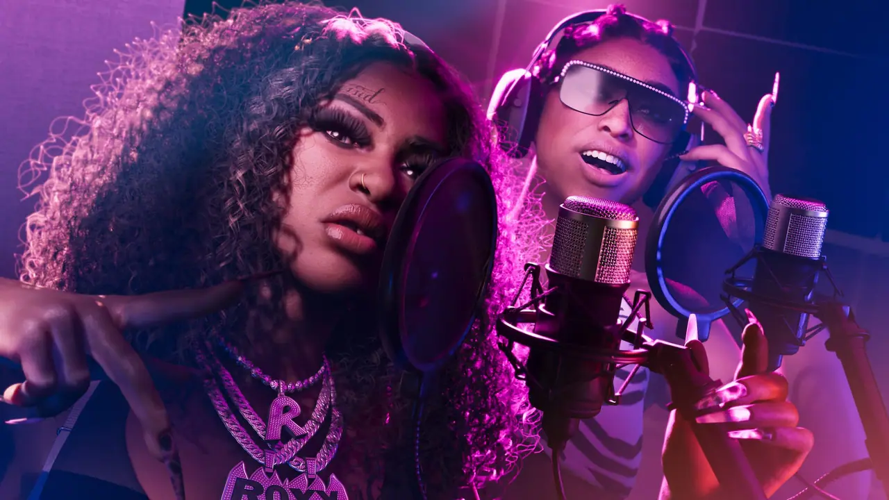 Both members of Real Dimez recording at a studio microphone in purple light