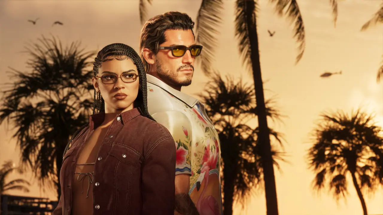 Jason and Lucia in sunglasses and Vice City Style outfits under palm trees at sunset