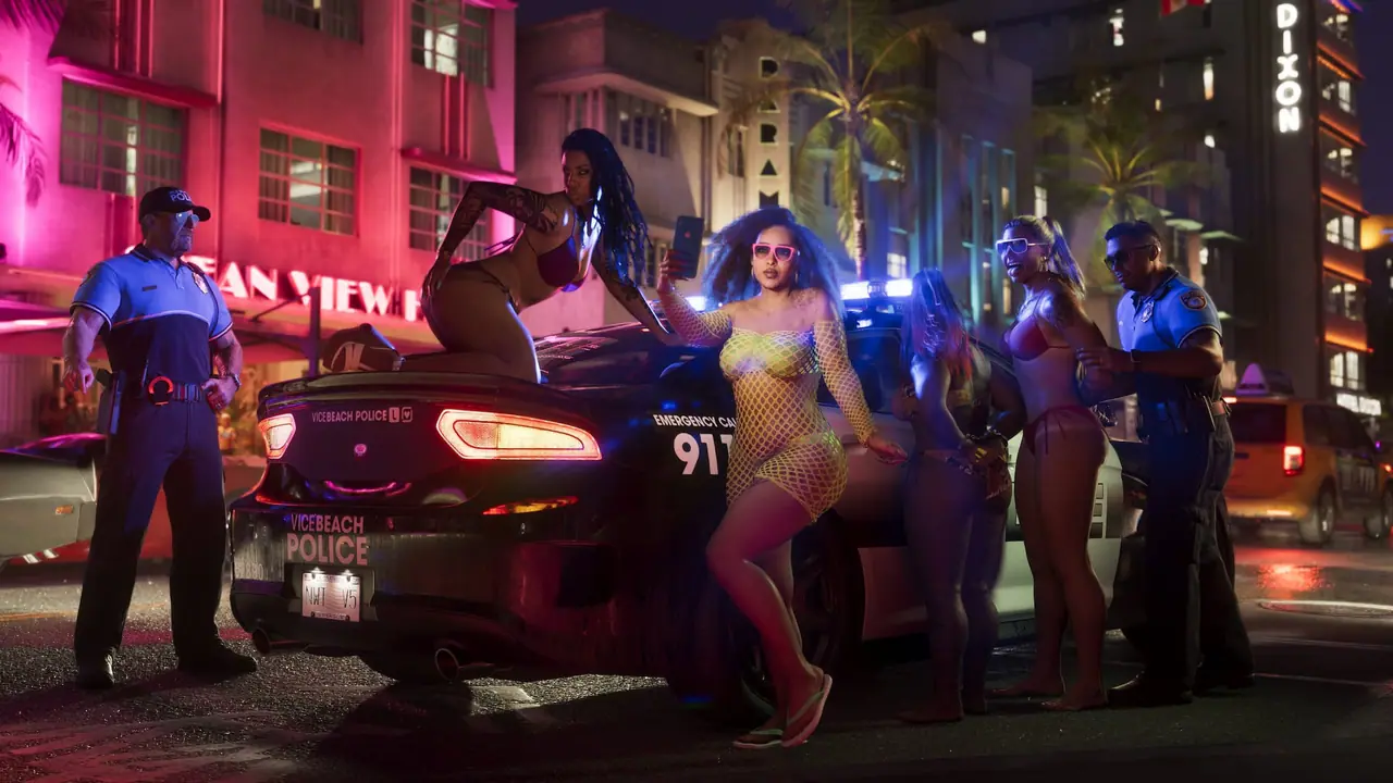 Police officers and partygoers around a police car on a neon-lit Vice City street at night