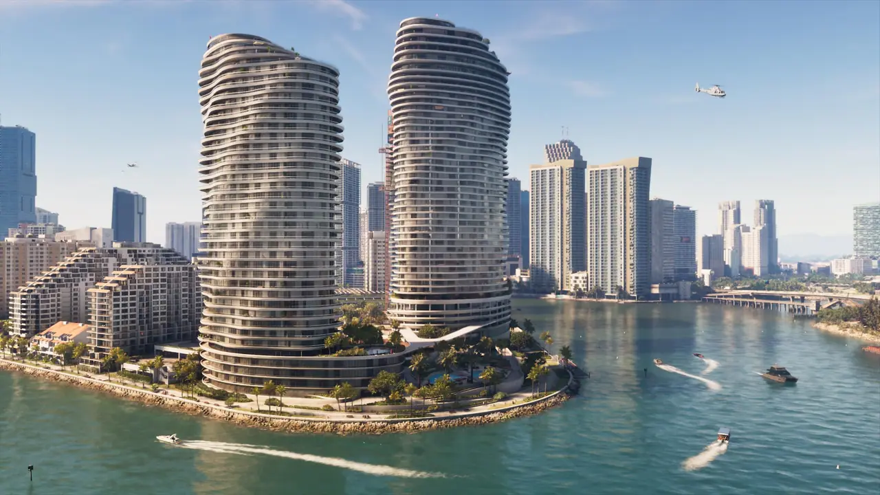 Twin curved towers on the Vice City waterfront, speedboats on the bay and a helicopter overhead