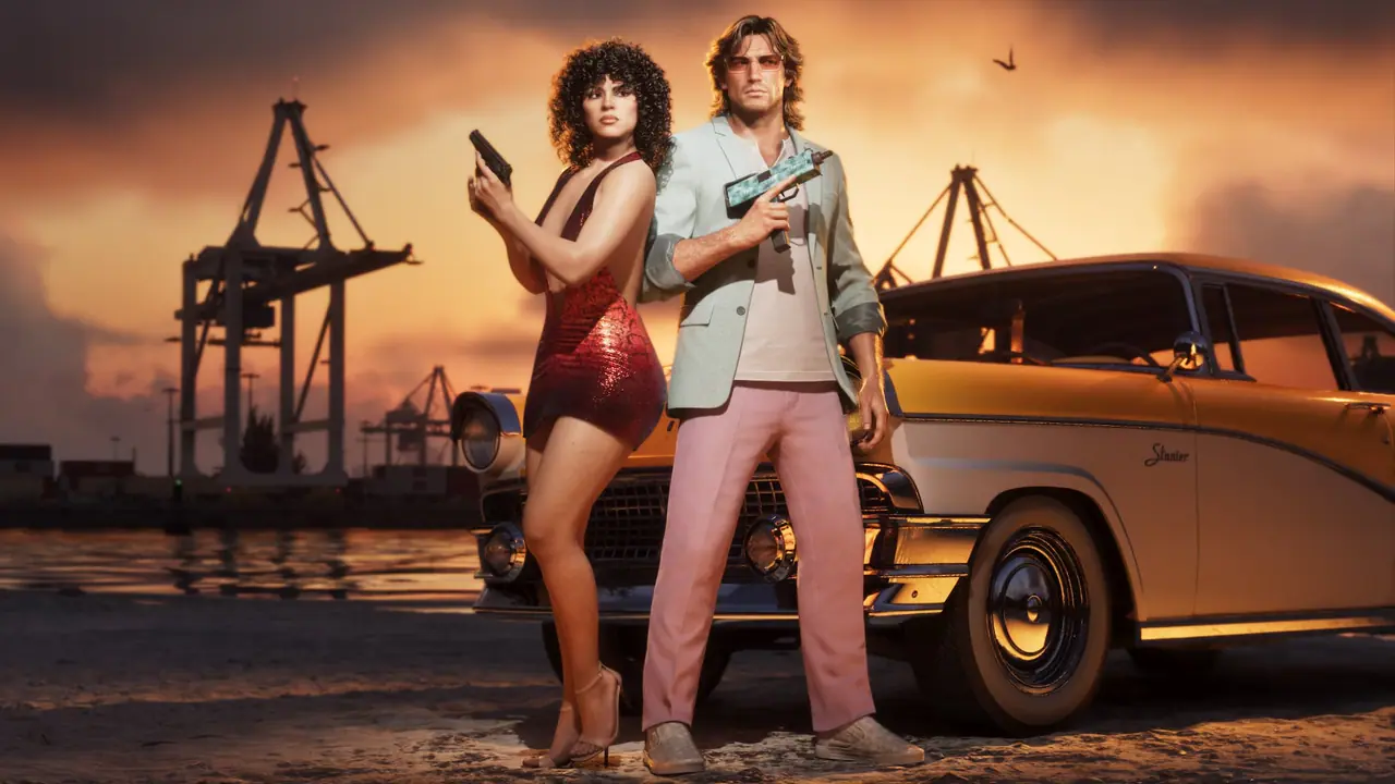 Lucia and Jason with pistols in Vintage Vice City outfits beside the '55 Vapid Stanier at the docks